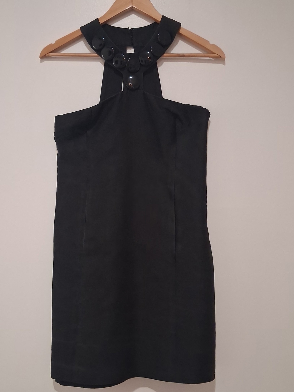 Vintage Tibi NY Black Halter Mini Dress Large Cabochon Bead Neckline Size 0